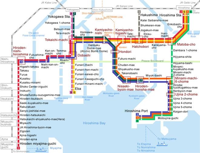 Karte von hiroshima mit der Straßenbahn