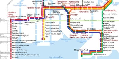 Karte von hiroshima mit der Straßenbahn